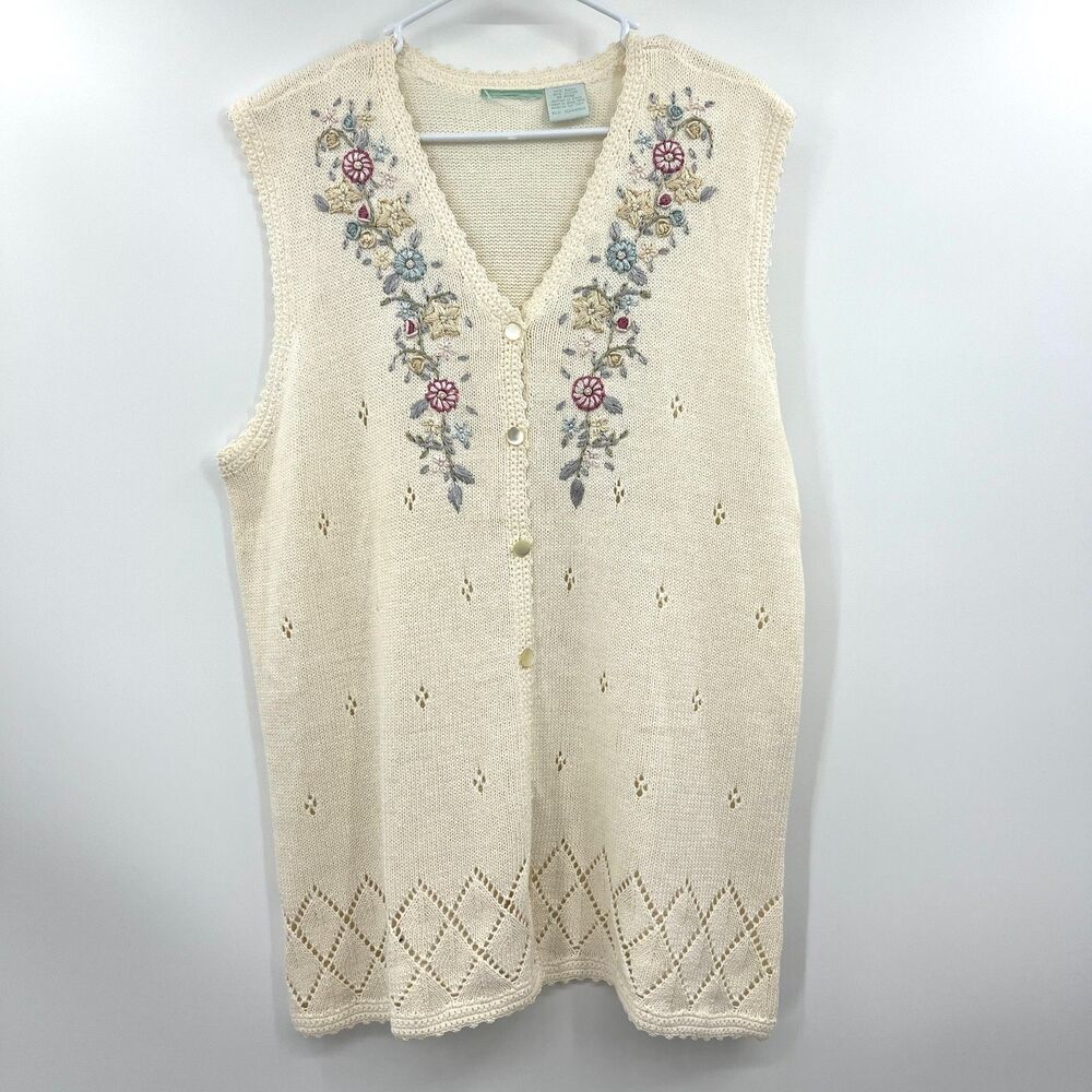 Vintage Cream Floral Embroidered Sweater Vest Womens XL Ramie Cotton Button Knit